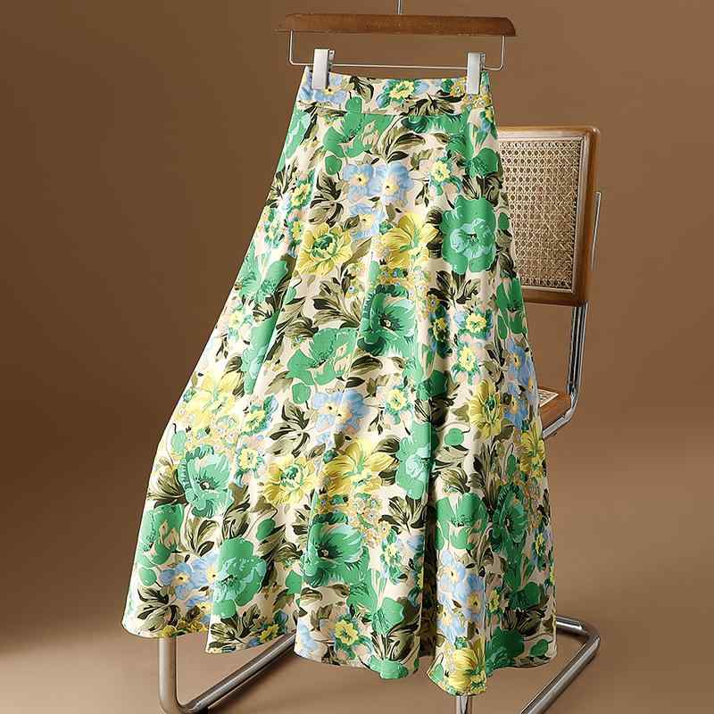 スカート レディース 夏 シフォン 高級感 花柄 ミドル丈 スリム ヒップ カバー ハイウエスト プリント 大きい 裾 a ライン(4)