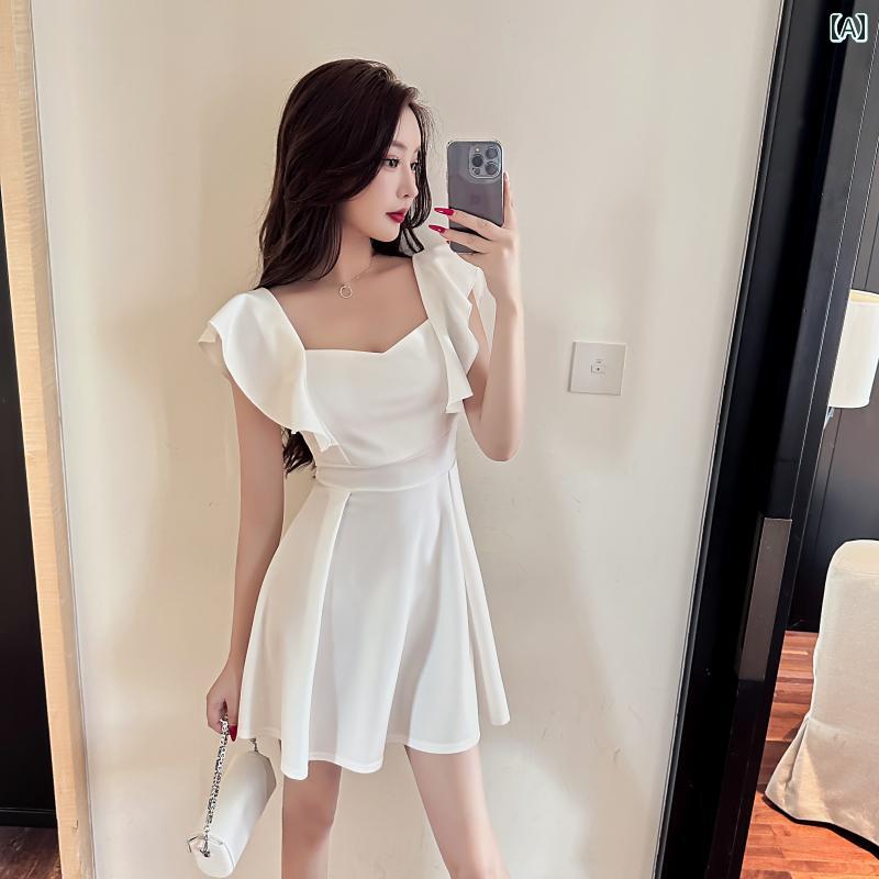 レディース 夏 キャバ ドレス ワンピース 魅惑的 フリル フライング スリーブ ウエスト 締め 幅広 スリム 女性 ナイトクラブ エステ 美容サロン 技術者 作業着