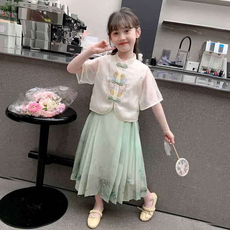 子供服 セットアップ トップス スーツ シャツ ロング スカート プリーツ セット チャイナ風 女の子 スリム 半袖 キッズ 夏 子供