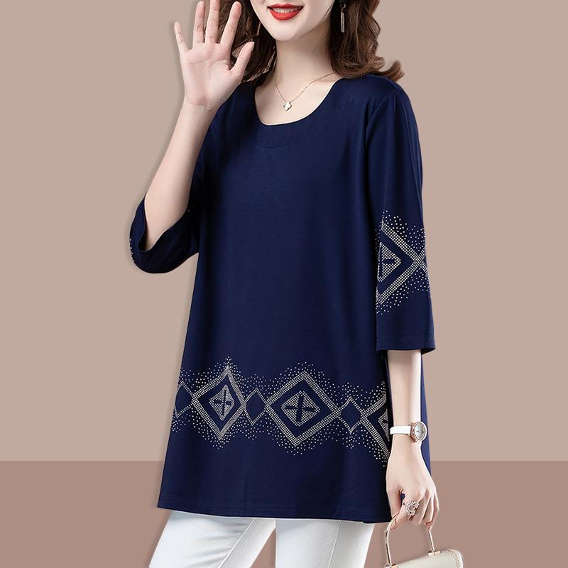 T-Shirts - レディース トップス 大きめサイズ 春秋夏 Tシャツ 七分袖 ゆったり エスニック 丈 ラウンドネック