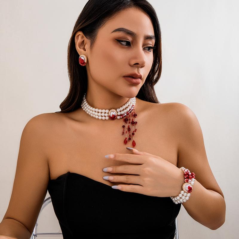 レディース 秋 冬 ピアス おしゃれ タッセル クリスタル オーバル イミテーションパール ネックレス 女性 アメリカ ファッション ステージ パフォーマンス イヤリング ブレスレット