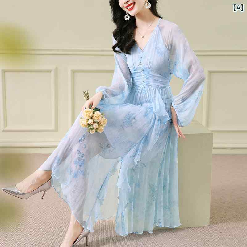 ドレス 秋 レディース ワンピース プリーツ 豪華感 社交 パーティー Vネック レディース ブルー フリル 花柄 スカート(4.0)