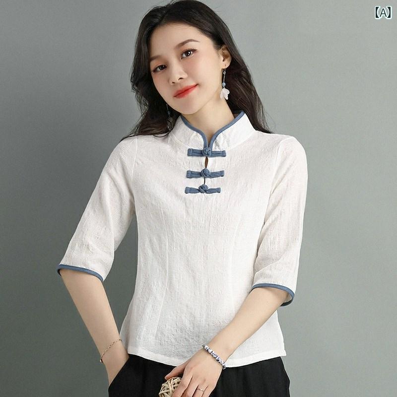 레이디스 여름 명상복 패션 큰 사이즈 한복 여성 중화풍 당나무 정장 작은 면 린넨 셔츠 버튼 업 탑스 명상 차사복