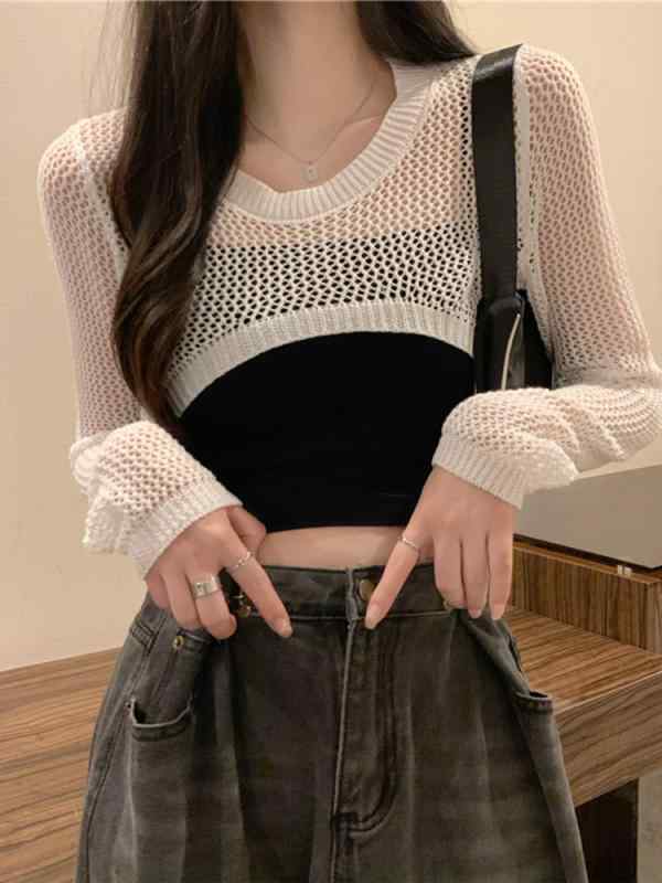 レディース 秋 長袖 ニット ショート 日焼け防止 ブラウス 層 ホット ガール ショール トップス