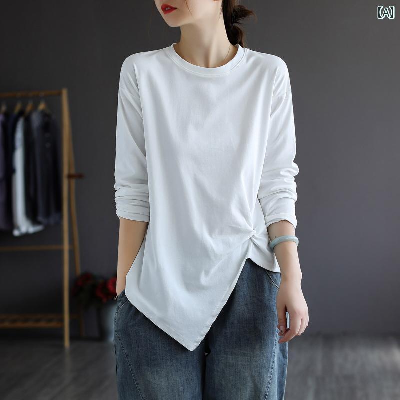 レディース カジュアル シャツ トップス おしゃれ お母さん 普段使い 婦人服 文学 レトロ レイヤリング 女性 綿 T 長袖