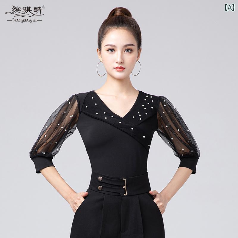 レディース ダンス 服 社交 メッシュ ブラック モダン 練習服 ラテン トップス