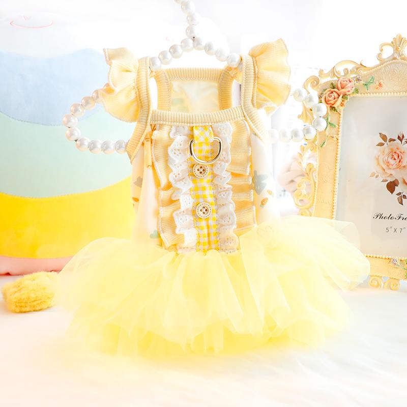 犬服 ドッグ キャット ウェア 夏 薄手 猫服 プリンセス ドレス レース 袖 パフ スカート 小型 犬 テディ ペット 黄 イエロー フリル 衣装