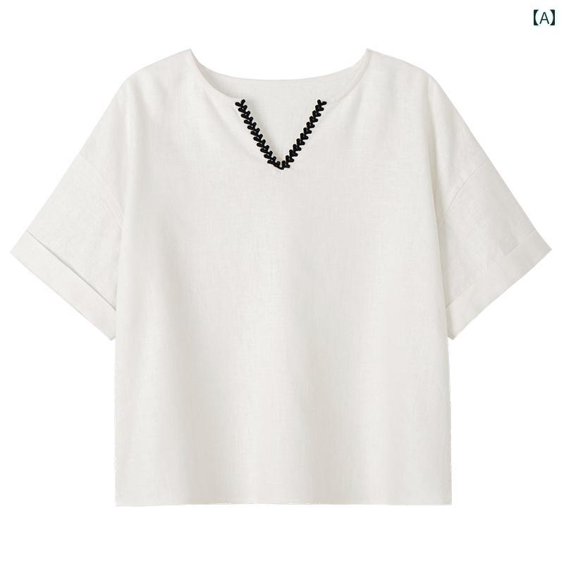 其它 - トップス シャツ Tシャツ キッズ おしゃれ ナチュラル 子供服用 白 半袖 夏 薄手 中型 大型 子供用 通気性 リネン Vネック 女の子用