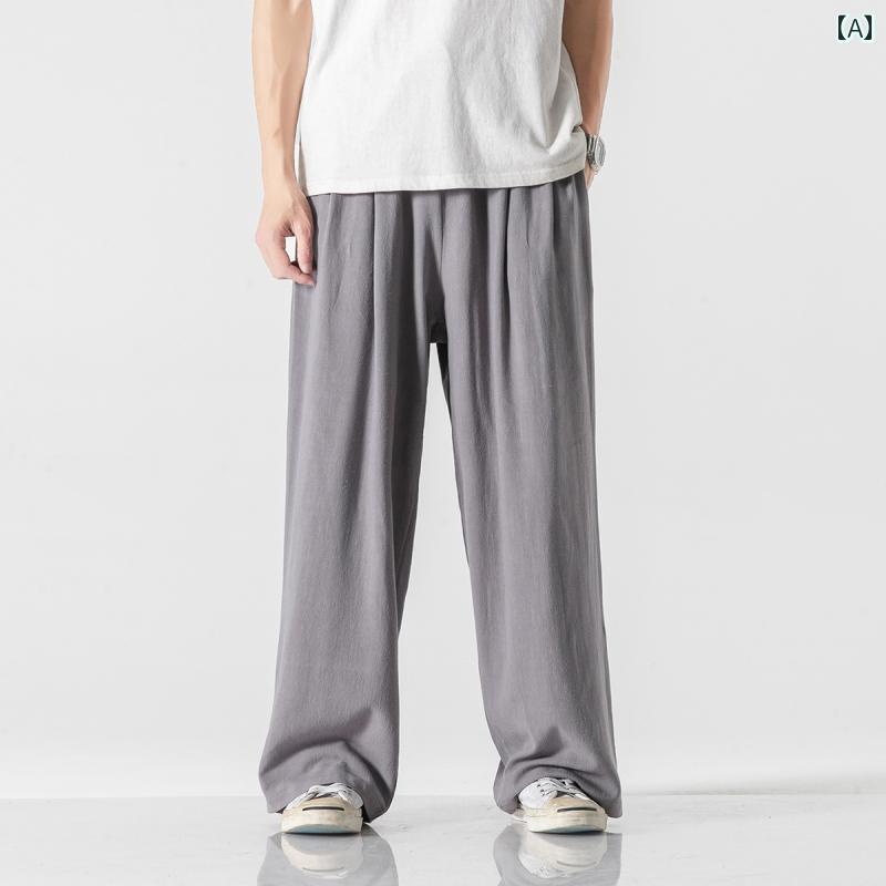 Men's Clothing - メンズ 夏 カジュアル パンツ ワイド レッグ ゆったり 快適 長ズボン 普段着 中華風 薄手 リネン ドレープ ストレート 綿