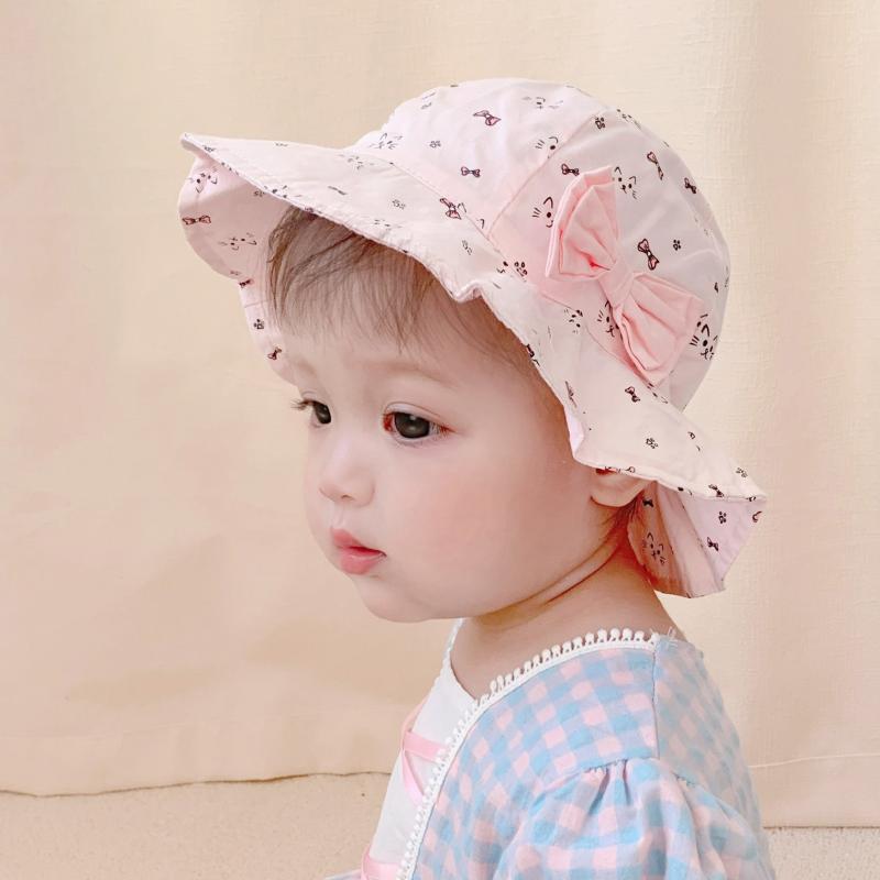 バケットハット 春夏 韓国 女の子 赤ちゃん ベビー ピンク 猫 つば広 日焼け防止 バイザー ファンシー つば広 帽子