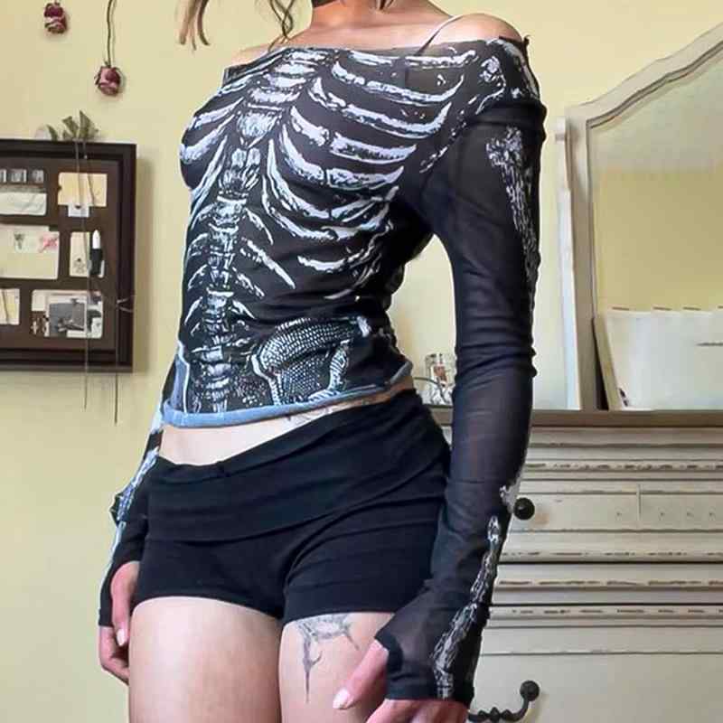 Wear （Sports） - トップス ハロウィン コスチューム サブカルチャー スケルトン 骨プリント レディース ワンショルダー 肩出し セクシー 海外風 衣装 クラブ ナイトアウト コスプレ