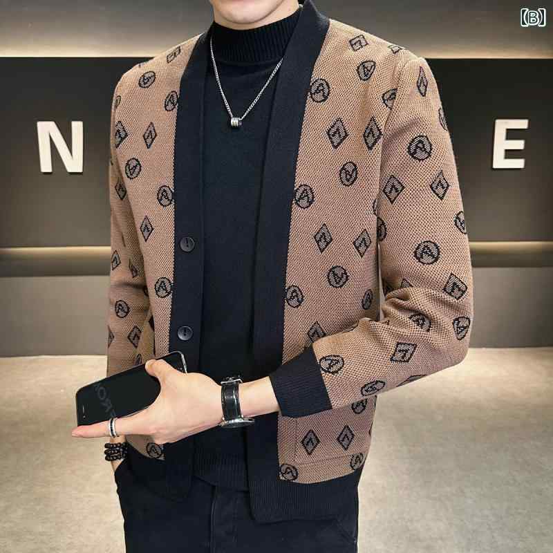 メンズ ハイエンド プリント ニットカーディガン 春秋 韓国 セーター ジャケット
