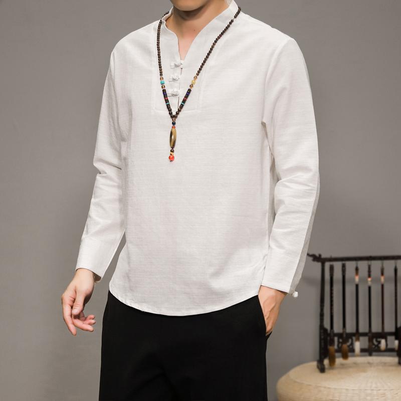 シャツ メンズ 長袖 中華風 綿 リネン Vネック T リネン トップス レトロ 中華風 唐装(4)