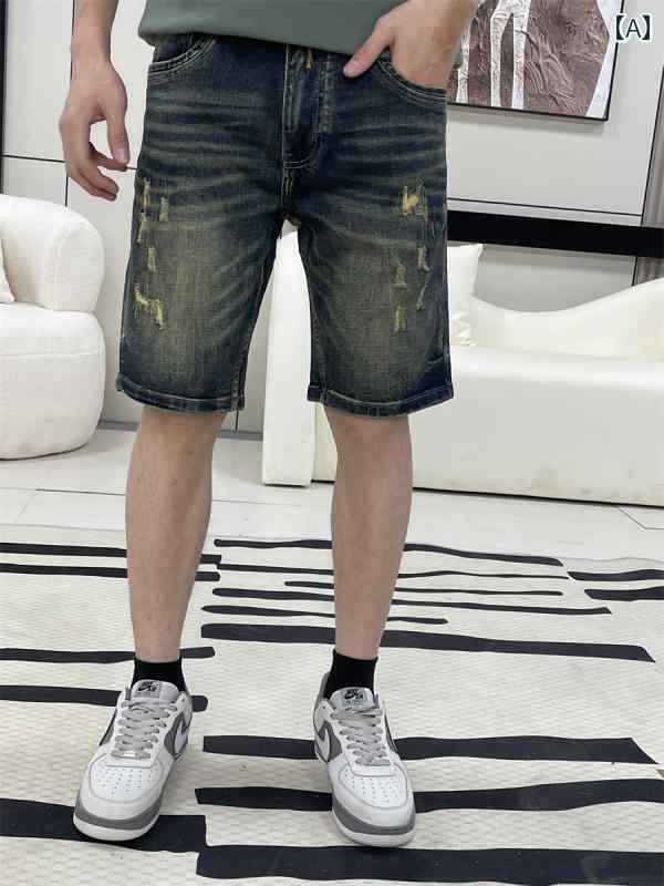 パンツ ハーフ デニムパンツ 半ズボン メンズ 夏用 薄手 デニムショートパンツ レトロ ジョッパーズ 懐かしい ゴム 穴 ダーク ブルー