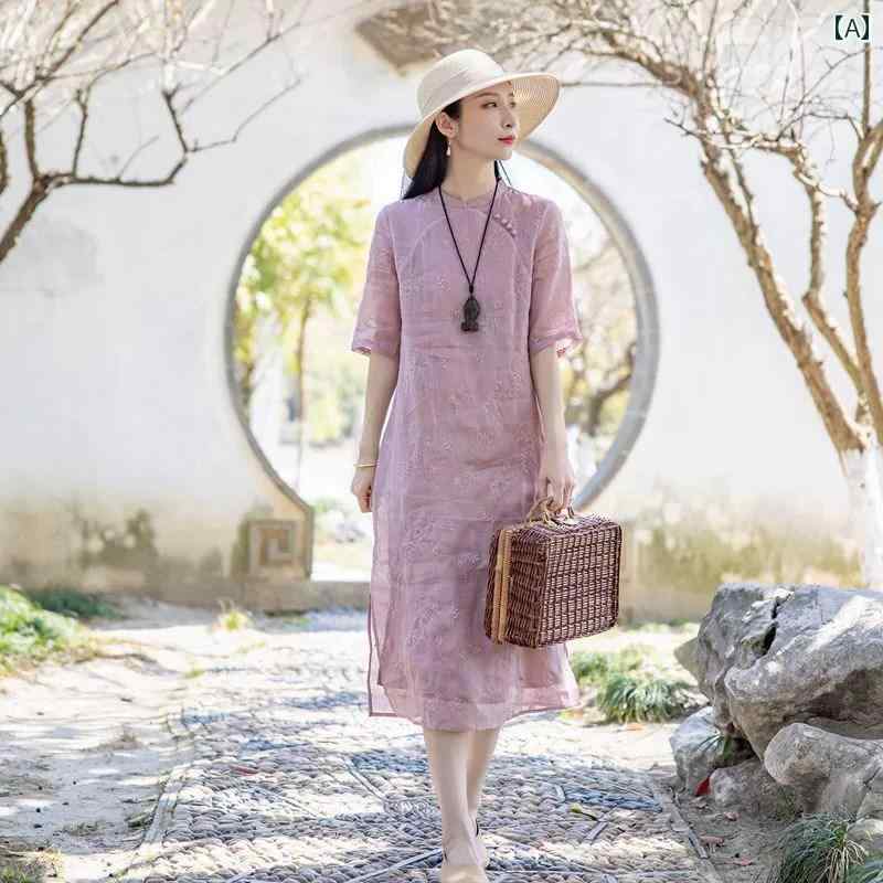 レディース 夏 チャイニーズ スタイル ワンピース おしゃれ 上品 婦人服 中華風 女性用 チャイナ ドレス ゆったり 高級感 エレガント レトロ 刺繍入り スカート