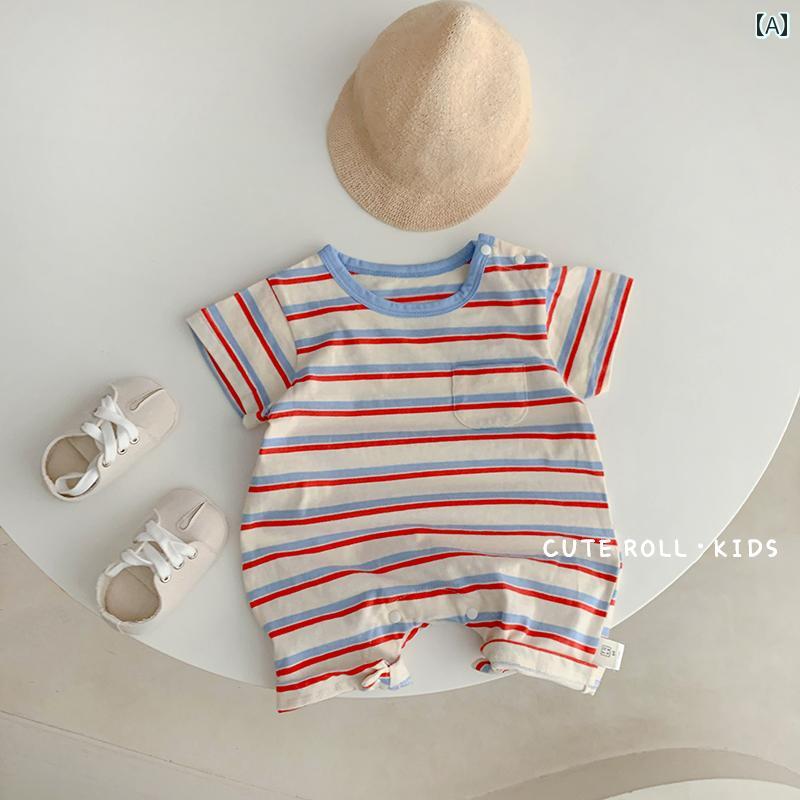 夏 ベビーウェア かわいい 幼児 ワンピース スーツ 男性 女性 韓国 カラフル ストライプ 短い 這う 薄い 外出着