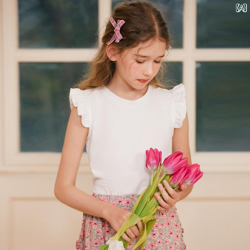 女の子 子供服 キッズ ノースリーブ Tシャツ 夏 無地 ラウンドネック フライング スリーブ ベスト Tシャツ