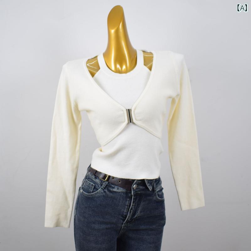 レディース ファッション メタル バックル ソフト ニット ツーピース カーディガン ショート ショール スタイリッシュ ガール スリムフィット ホルターネックキャミソール