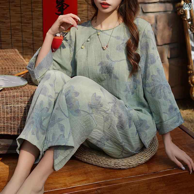 レディース 夏 パジャマ ナイトウェア 中華風 マグノリア ディスク バックル 春 薄手 綿 ガーゼ ホーム..