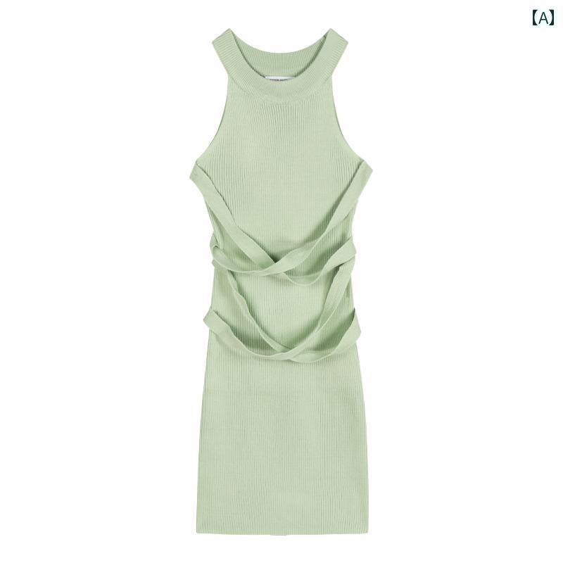 ワンピース 女性用 ピンク ニット ホルターネック ドレス 秋 ボトムス リトル ママ スカート ノースリーブ ウエスト ヒップ ぴたり フィット スリム ショート