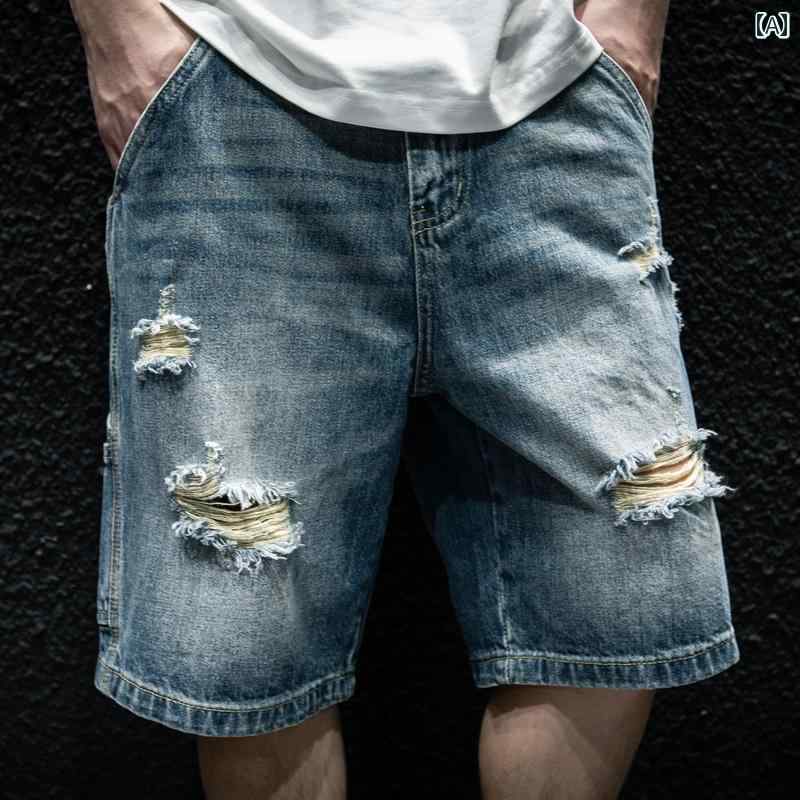Denim - コットン ストレート リップド デニム ショート パンツ メンズ 大きめサイズ 五分丈 夏 薄手 スクラッチ 穴 レジャー
