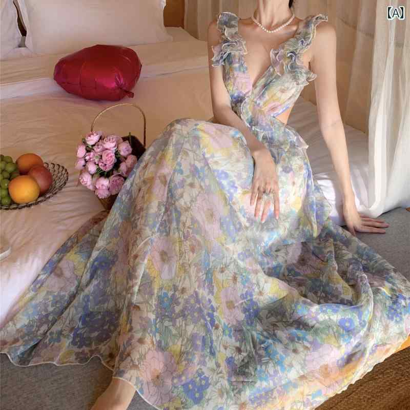 レディース リゾート ワンピース フリル V ネック プリント バック ストラップ ドレス ハイエンド 海辺 休暇 サスペンダー ビーチ
