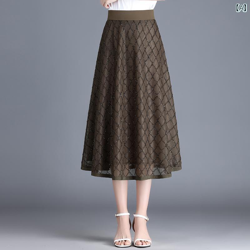 Women's Autumn Slim Fit A-Line Midi Skirt, Checkered Pattern, Lightweight, Elegant, High Waist, Korean Style