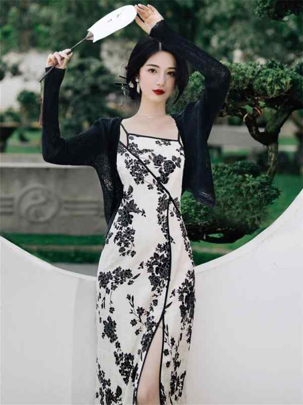 レディース チャイナ風 花柄 若年層 サスペンダー ワンピース カーディガン ドレス 2点セット セットアップ 婦人服 レディース 花柄