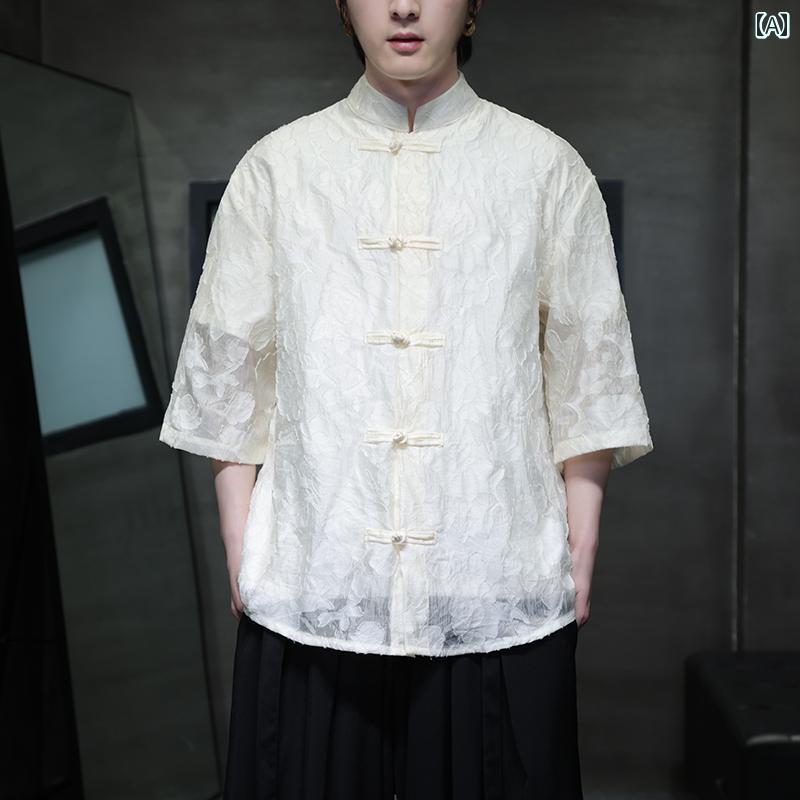 半袖 シャツ チャイニーズ メンズ ファッション トップス シャツ レトロ 薄手 スーツ ジャカード チャイナ風 唐装 メンズ 漢服 カジュアル 紳士 夏 メンズ