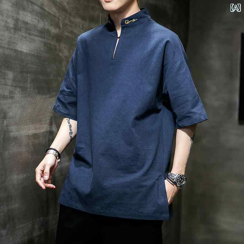シャツ メンズ 夏 リネン 半袖 T 中華風 綿 リネン 服 大きいサイズ 唐 スーツ 半袖 T トップス