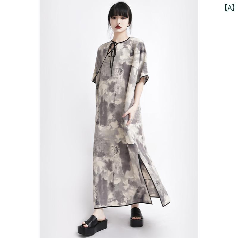 Rakuten - レディース チャイニーズ スタイル ワンピース おしゃれ 上品 婦人服 中華風 インク プリント チャイナ ドレス 背 高さ スリム ラウンドネック ロング ミッド スリーブ レース