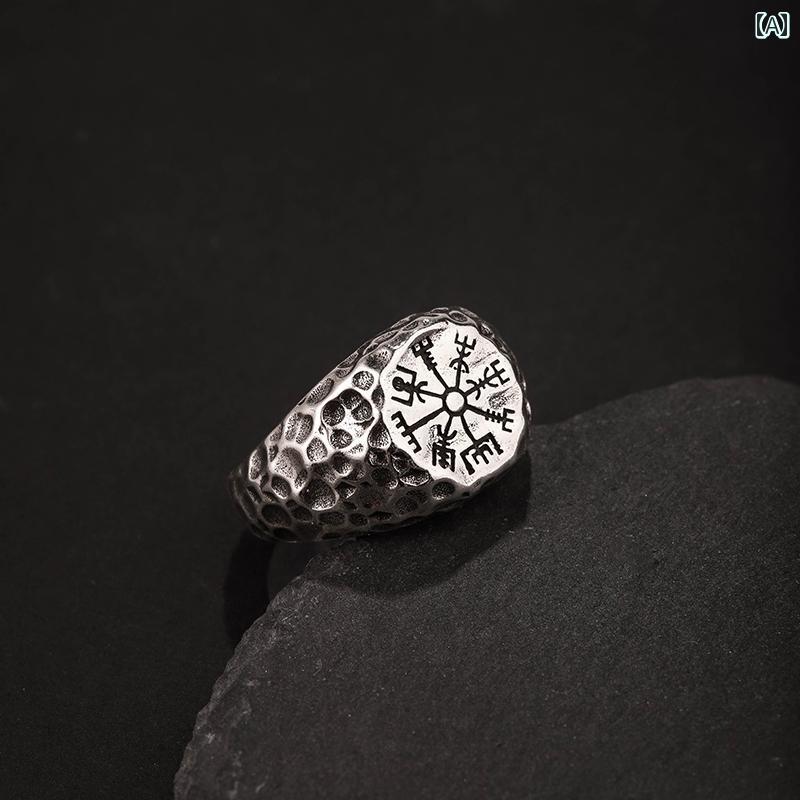 指輪 リング かっこいい 北欧 シルバーリング バイキング シンプル レトロ 文字 方角 コンパスリング アクセサリー ワンポイント ファッション 開口部調節可能