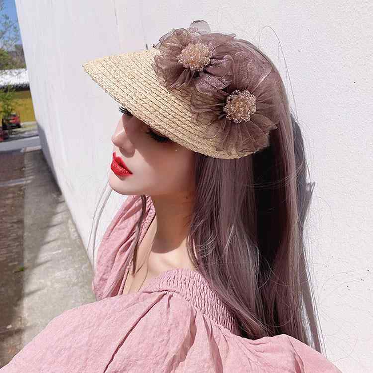 サンバイザー フェアリー 大きめ花 わら 空 ハット 休暇 麦わら帽子 海辺 ビーチ 日焼け防止 レディース エレガント
