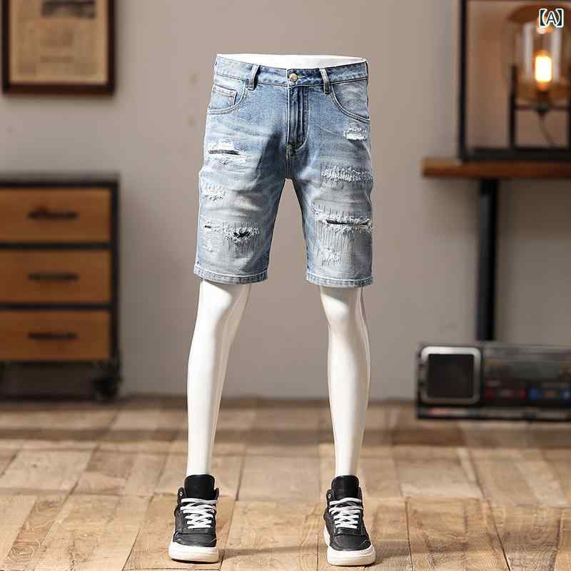 メンズ 夏 カジュアル パンツ デニム サマー ボトムス ハーフ ズボン 用 薄手 デニムショート スリムフィット ストレッチ 韓国 ウォッシュ 加工 ダメージ 七分