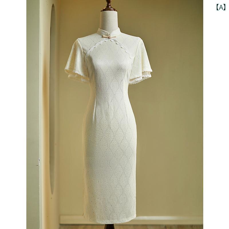 レディース 夏 民族衣装 コスチューム 美しい 白い チャイナ ドレス レトロ 上品 洗練 レース ショート 子供