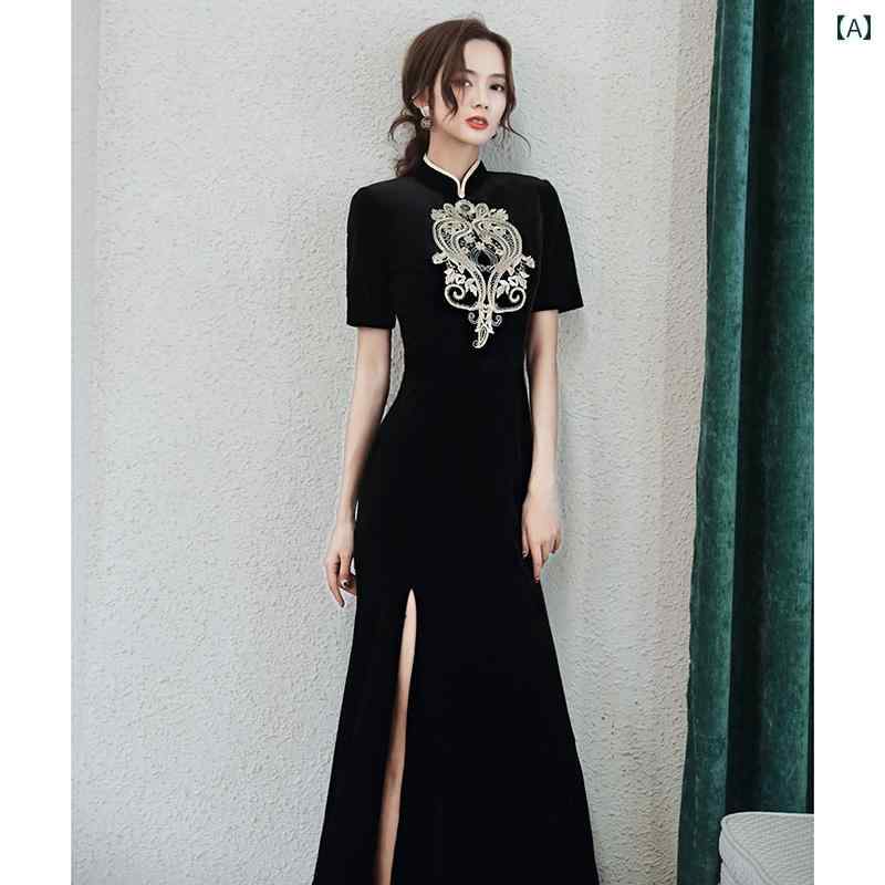 China Dress - レディース チャイナ ドレス エレガント ワンピース 撮影 衣装 ブラックゴールド ベルベット 女性 ヤング ロング ハイエンド イブニングドレス 秋冬