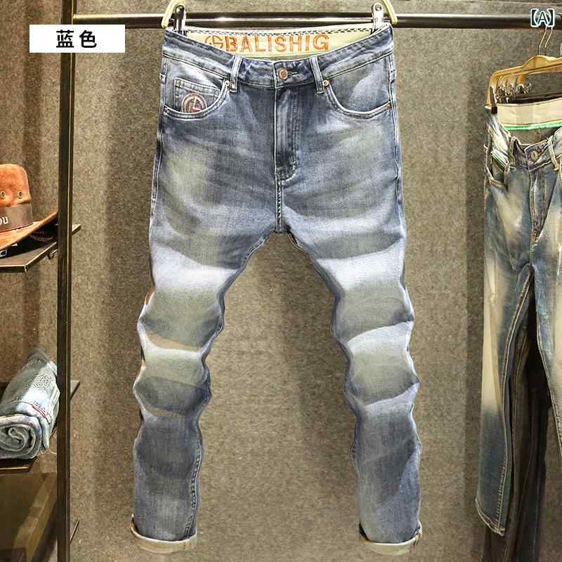 デニムパンツ 小さめ ストレート ジーンズ メンズ オールシーズン メンズ パンツ レトロ ウォッシュ カジュアル ストレッチ デニム(4)