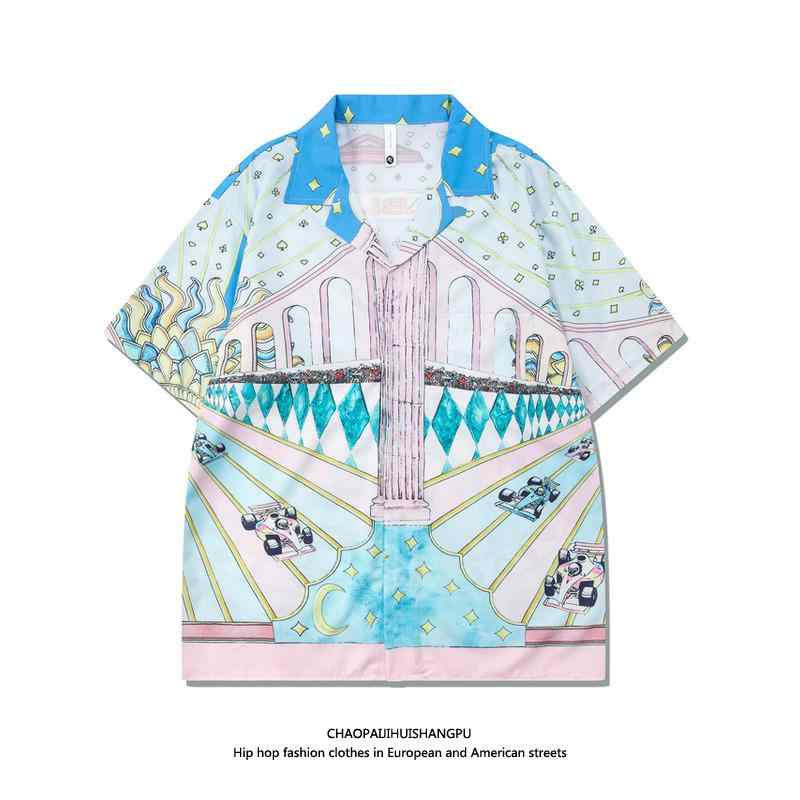 柄シャツ メンズ レディース トップス フランス 宮殿 レーシング プリント シャツ 夏 ビーチ 休暇 半袖..