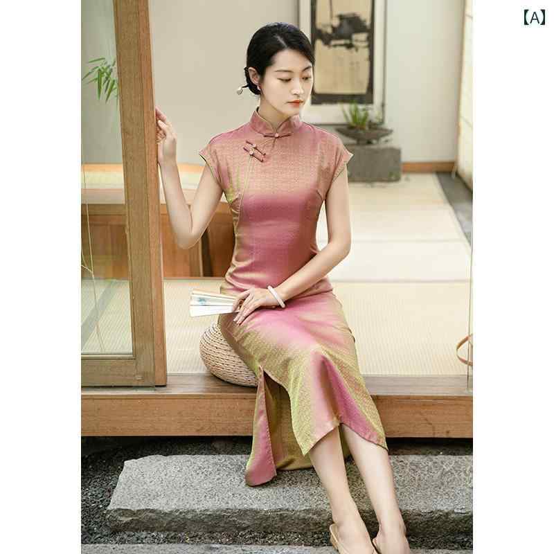 夏 チャイナ ドレス エレガント 中華風 ワンピース 撮影 衣装 女性 ジャカード サテン レトロ 民族 デイリー ヤング