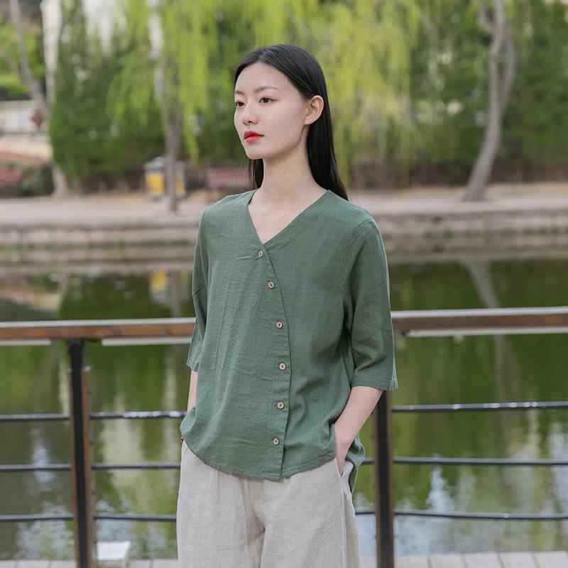 レディース トップス レトロ ナチュラル カジュアル 普段着 婦人服 シャツ Tシャツ 半袖 斜めボタン おしゃれ リネン 無地 Vネック