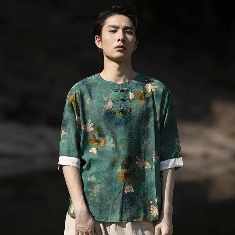 Shirts, T-Shirts - シャツ トップス メンズ チャイニーズ スタイル ディスク ボタン ラウンドネック プリント 半袖 Tシャツ 夏 レトロ 唐 スーツ 紳士服