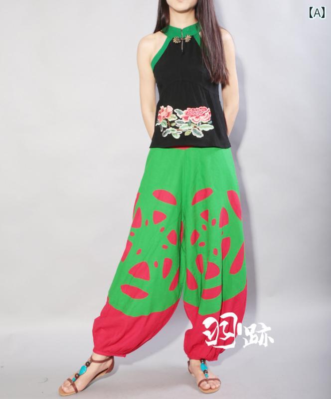 メンズ レディース パンツ サルエル エスニック リネン ワイド サマー ハイウエスト ゆったり カラー ブロック ランタン