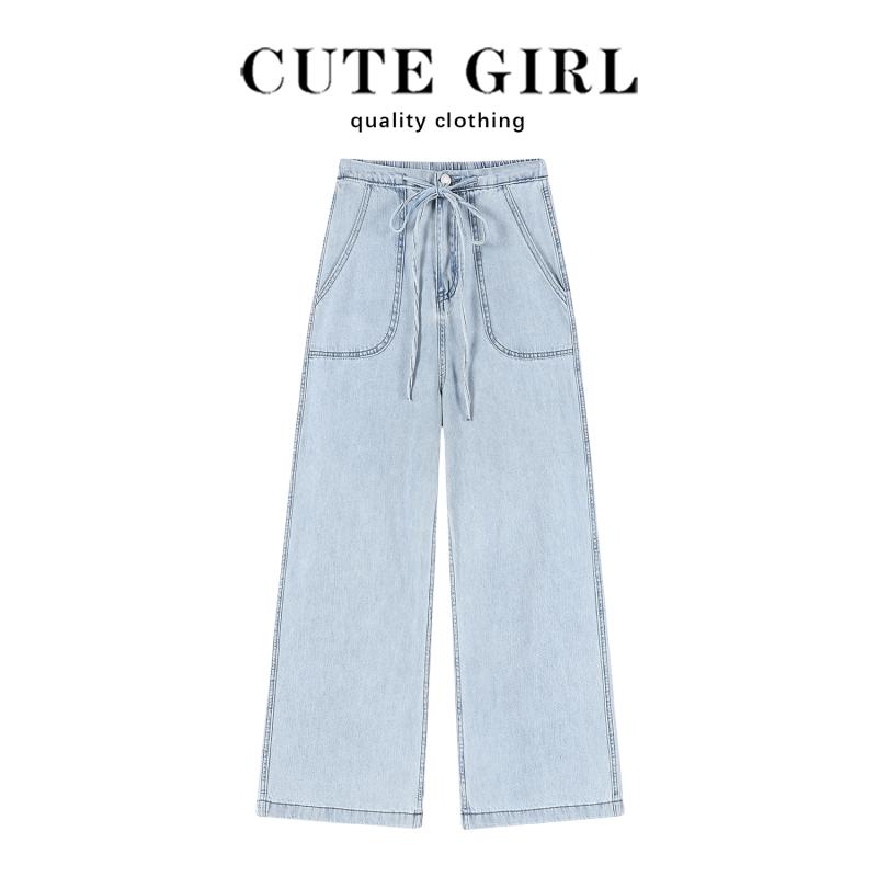 Straight Jeans - パンツ デニムパンツ レディース カジュアル ボトムス レトロ ライト ブルー ワイド レッグ ジーンズ 春夏 スリム ストレート