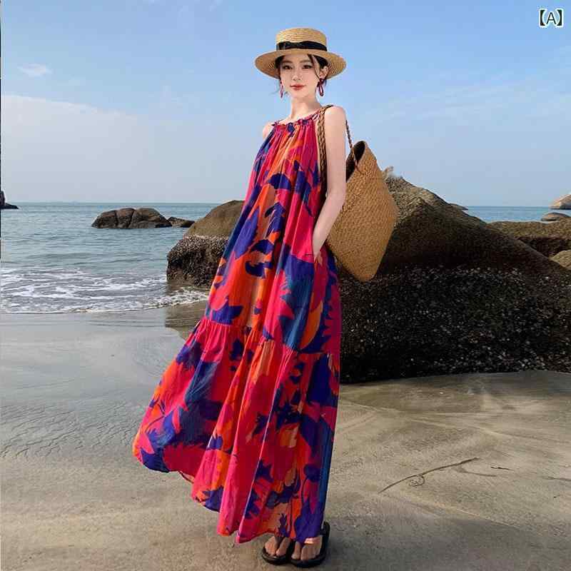 レディース 夏 リゾート ワンピース 海南 観光 ビーチ ドレス 女性 ボヘミアン 海辺 休暇 肌 カバー プリントホルターネック