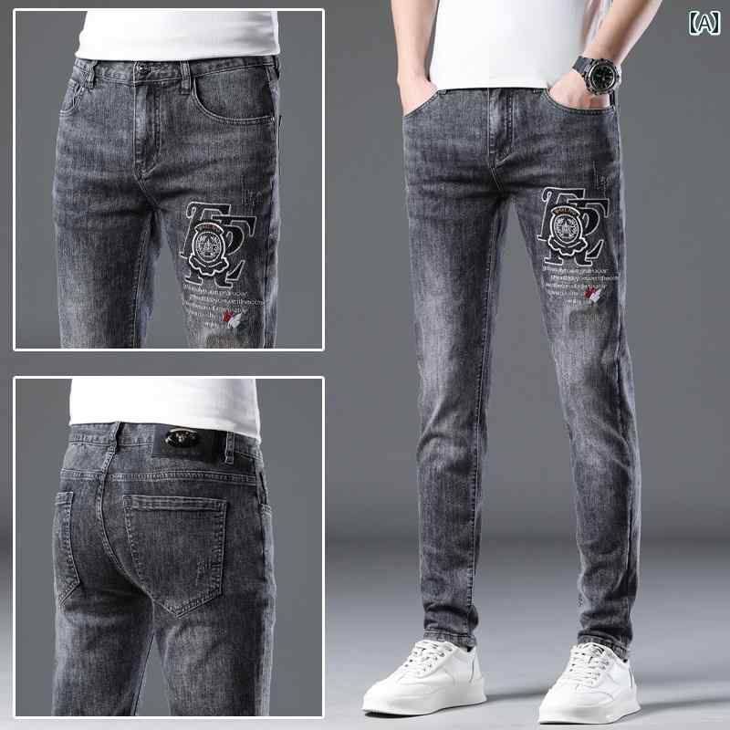デニムパンツ メンズ アメリカン ブラック 刺繍 ジーンズ スリム ストレート レッグ ストレッチ カジュアル ロング パンツ デニム オールシーズン
