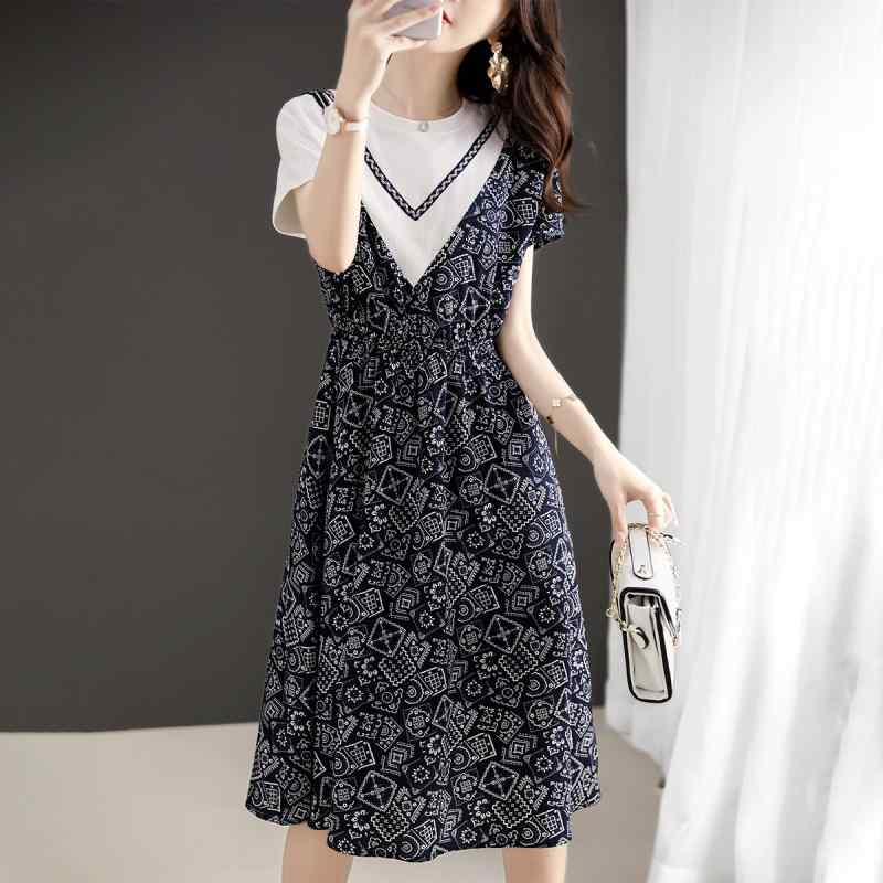 ワンピース ドレス レディース おしゃれ ファッション 夏 ロング カジュアル ハイエンド 薄手 半袖 スカート 大きいサイズ プルオーバー ラウンドネック