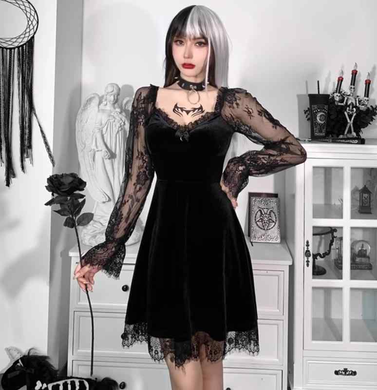 ワンピース ゴシック レース プリンセス ドレス 起毛 シースルー 透け感 長袖 エレガント ガーリー レトロ ロリータ ファッション ハロウィン メイド 衣装 上品