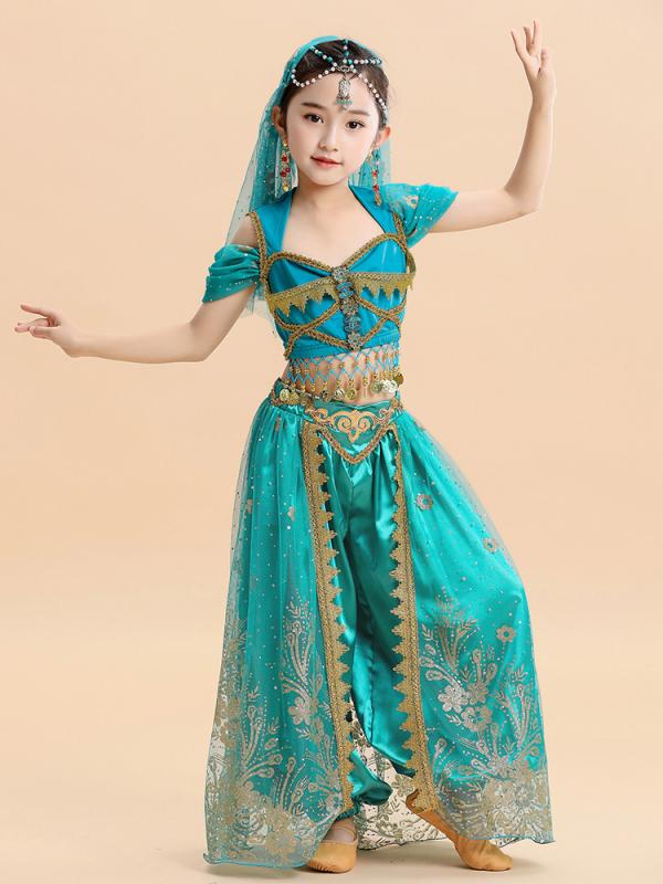 子供 ベリーダンス 衣装 ボリウッド パフォーマンス スーツ プリンセス ジャスミン 女の子 インド ダンス コスチューム セット エキゾチック 神秘 魅惑