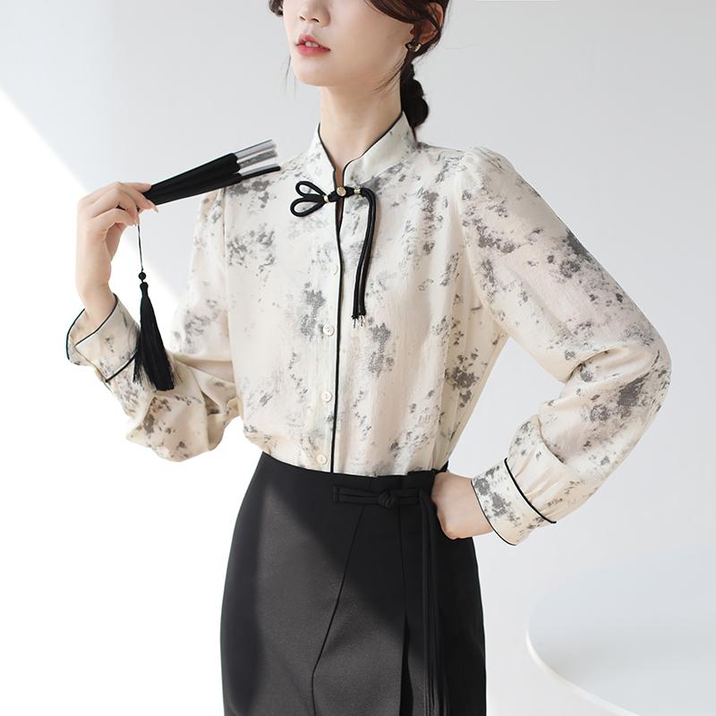 Other - シャツ トップス 立襟 ブラウス レディース 上品 インク プリント プレート ボタン 中華風 女性 春 スタンドカラー カラーマッチング レトロ