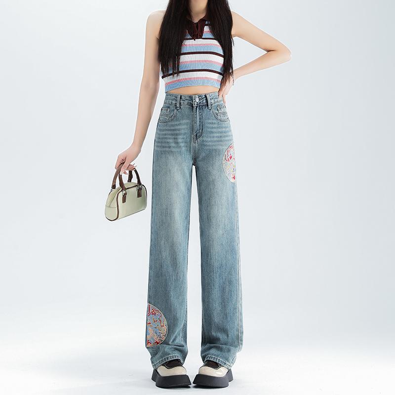 Straight Jeans - デニムパンツ レディース カジュアル レトロ チャイナ風 刺繍 ワイドレッグ ジーンズ 春 レトロ チャイナ風 ハイウエスト スリムストレートパンツ